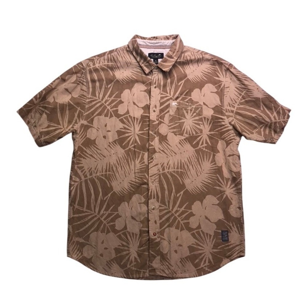 A Tiziano Mens 3X Short Sleeve Button Up Shirt Tan Tropical Linen Blend Floral